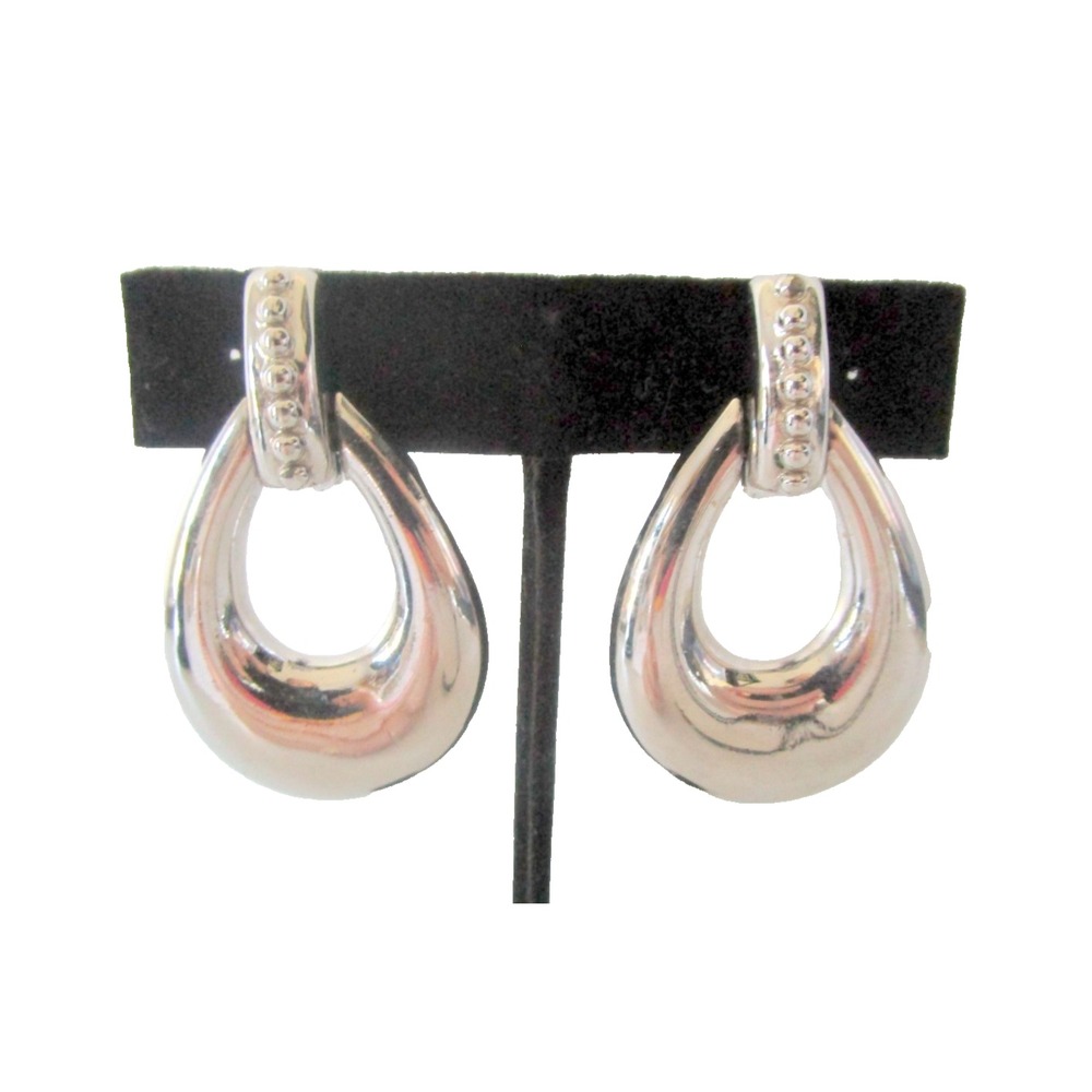 Monet Vintage Clip Earrings Signed Door Knocker Drop Style Silver Tone Shiny